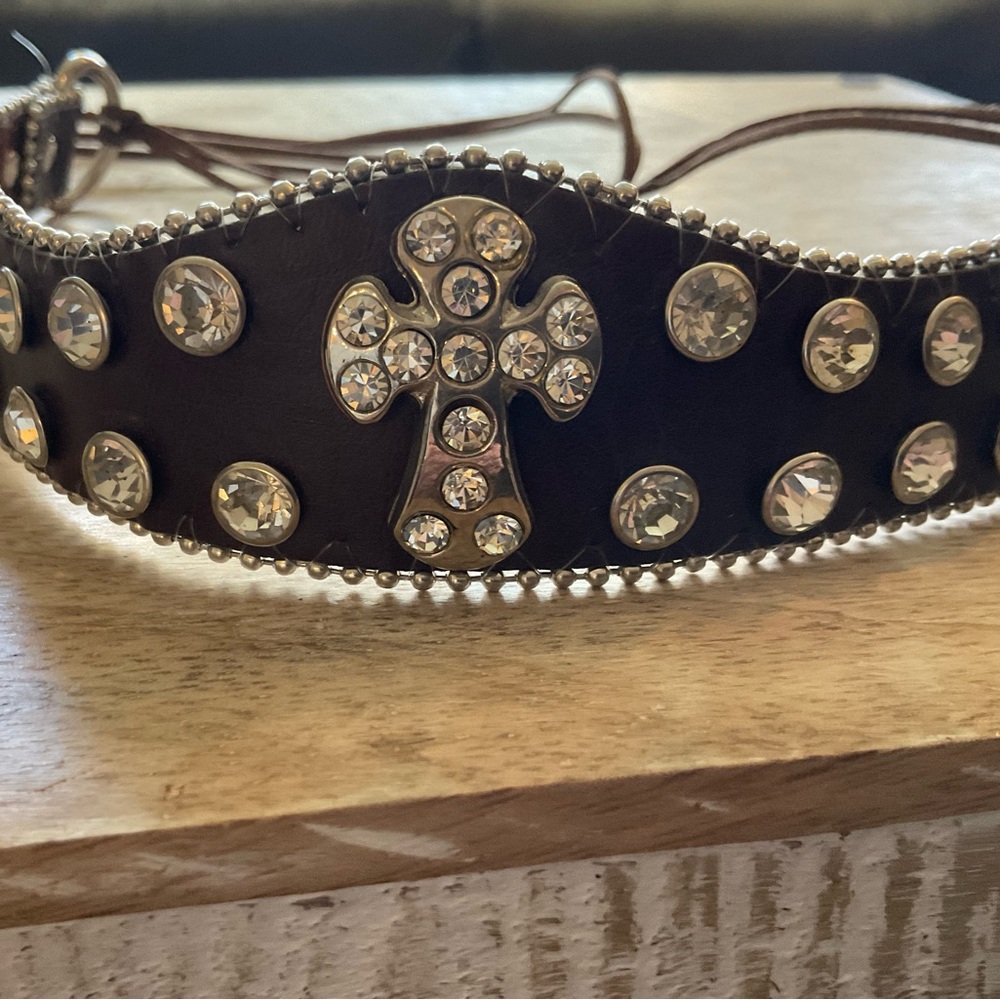Studded Brown Leather Headband with Cross Design